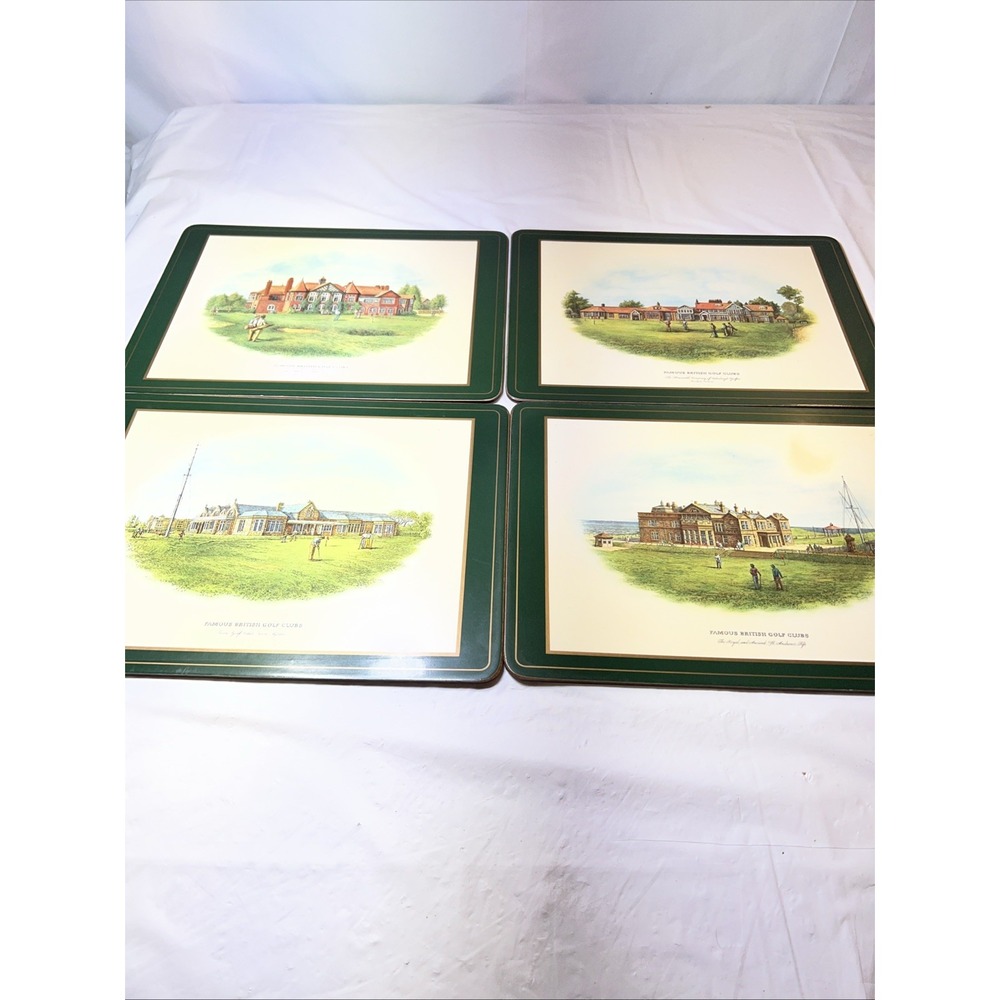 Set Of 4 Vintage Pimpernel Wall Hangings Depicting England's Grand Golf Venues
